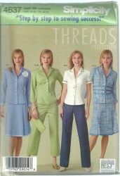 4637 SIMPLICITY  THREADS SHORT - LONG SLEEVE JACKET, PLEAT SKIRT, PANTS, PURSE PATTERN 14-20